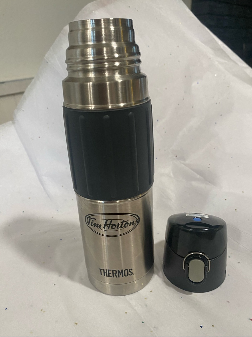 Tim Hortons Stainless Steel Thermos - hydration bottle Silver & Black New